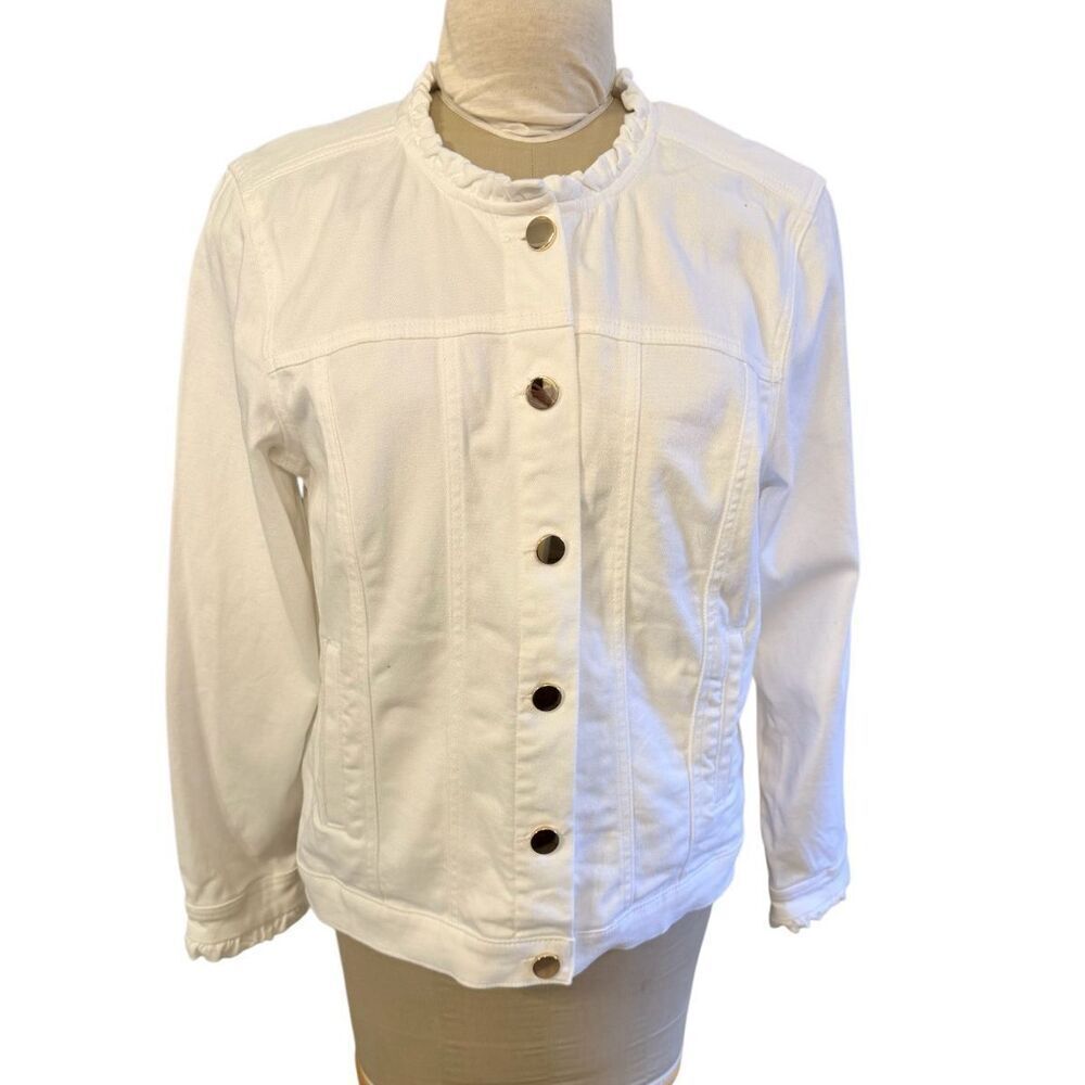 Kate & Sam White Jean Jacket Large Ruffle Neck & Cuffs Gold Buttons